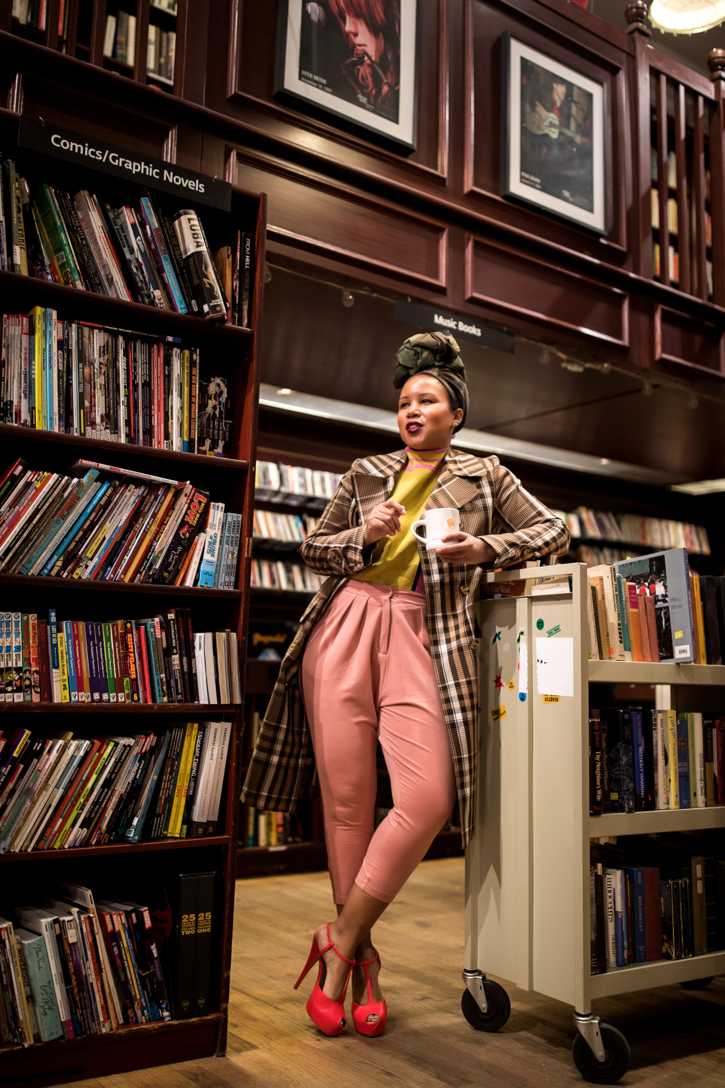 Library Plaid Coat ASOS Sweater and Pink Puma Pants Reading List