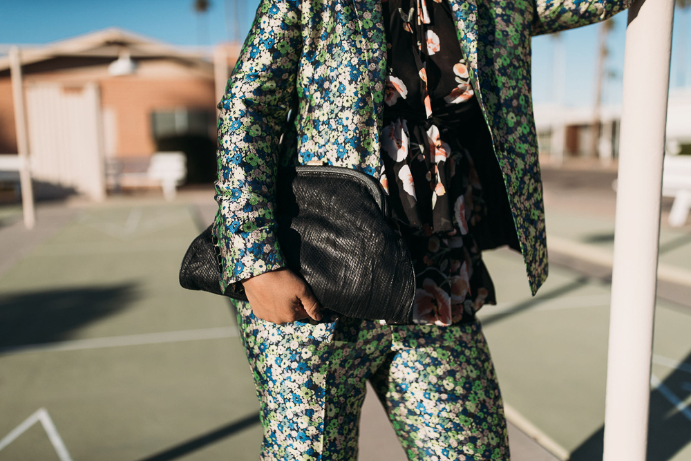 ASOS Coordinated Florals Pants Suit With Denim Turban Against Arizona Landscape