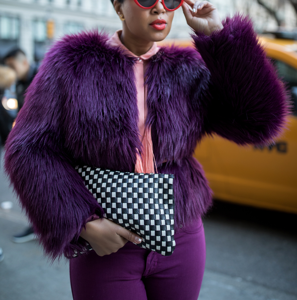 NYFW Monochromatic Look Featuring Purple Faux Fur Coat 