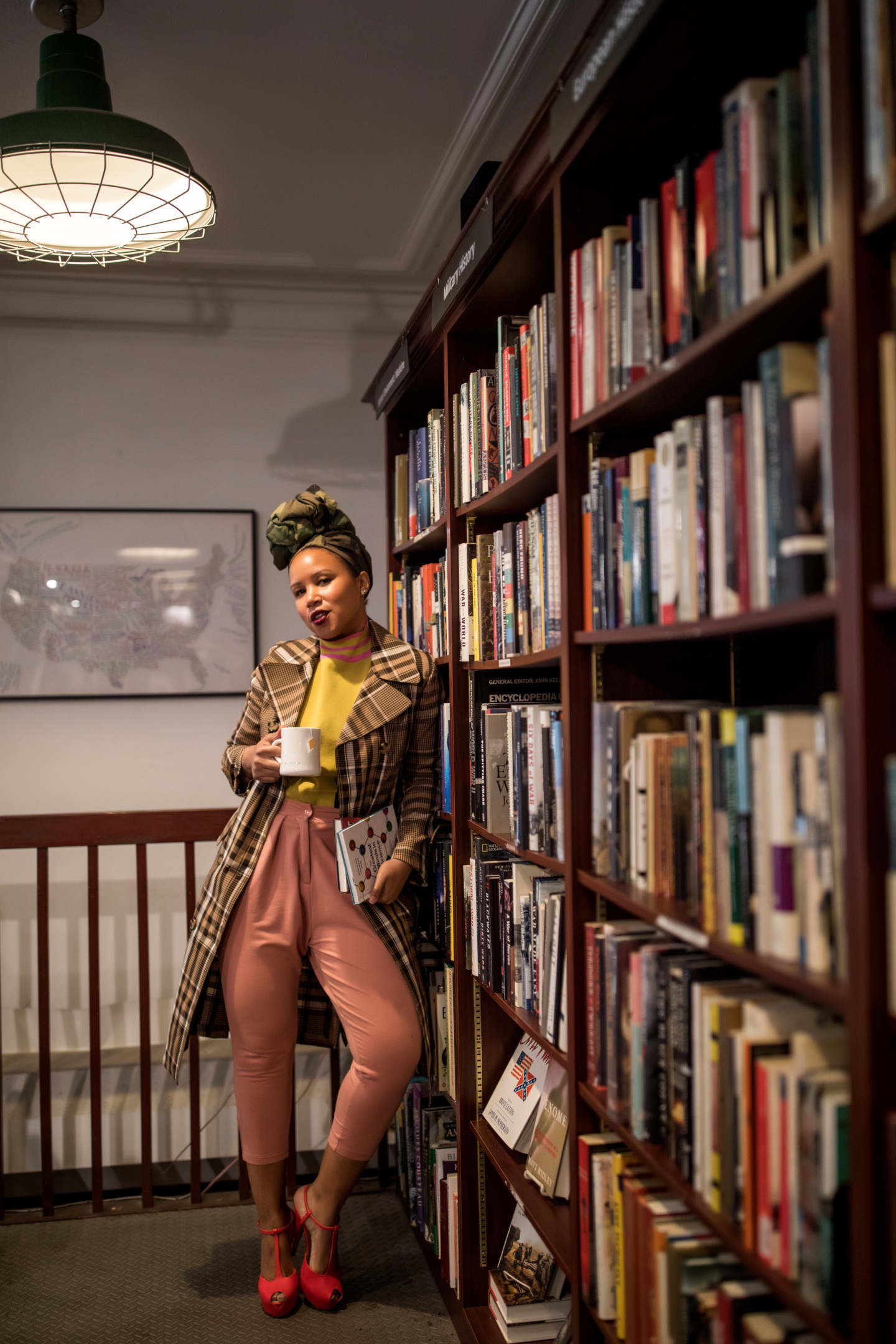 Library Plaid Coat ASOS Sweater and Pink Puma Pants Reading List