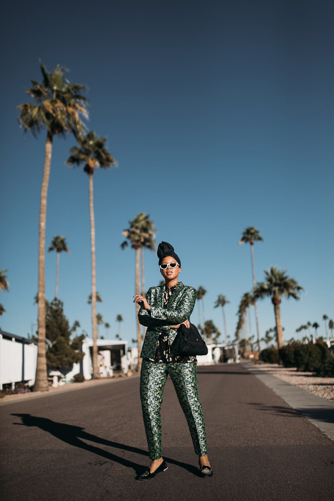 ASOS Coordinated Florals Pants Suit With Denim Turban Against Arizona Landscape