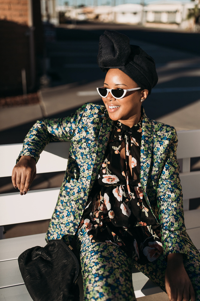 ASOS Coordinated Florals Pants Suit With Denim Turban Against Arizona Landscape