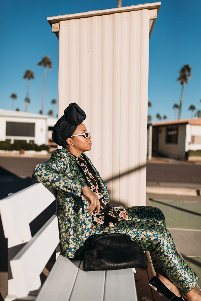 ASOS Coordinated Florals Pants Suit With Denim Turban Against Arizona Landscape