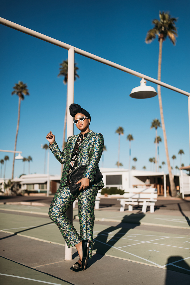 ASOS Coordinated Florals Pants Suit With Denim Turban Against Arizona Landscape