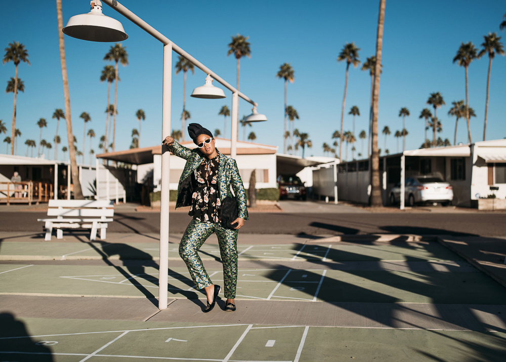 ASOS Coordinated Florals Pants Suit With Denim Turban Against Arizona Landscape