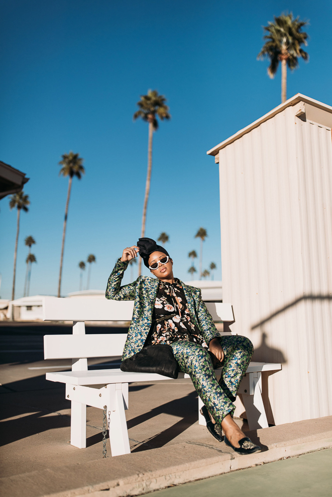 ASOS Coordinated Florals Pants Suit With Denim Turban Against Arizona Landscape