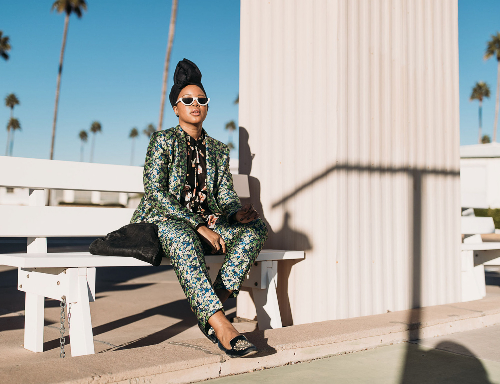 ASOS Coordinated Florals Pants Suit With Denim Turban Against Arizona Landscape