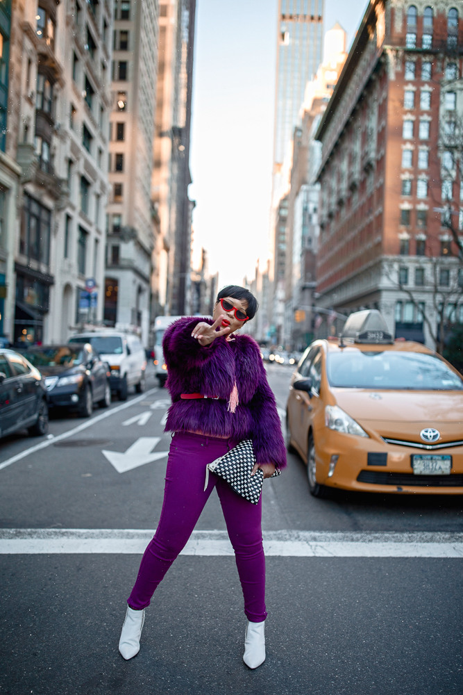 NYFW Monochromatic Look Featuring Purple Faux Fur Coat 