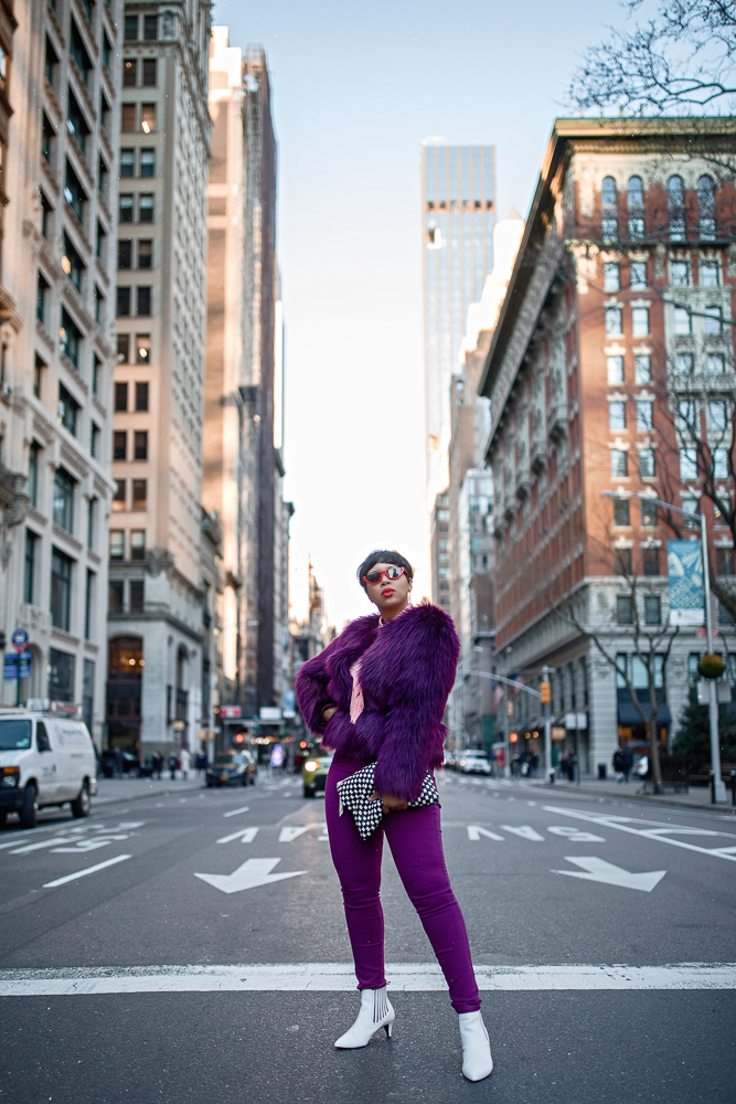 NYFW Monochromatic Look Featuring Purple Faux Fur Coat 