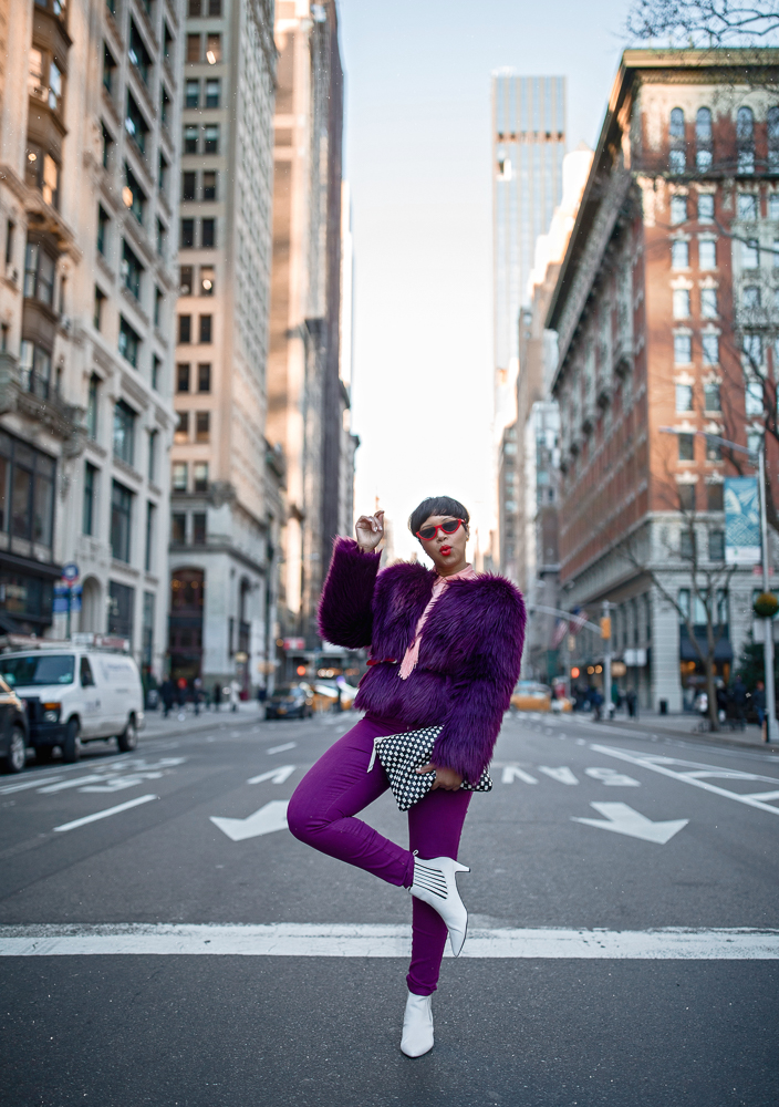 NYFW Monochromatic Look Featuring Purple Faux Fur Coat 