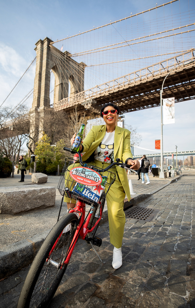 ASOS Citrus Green Suit on a Bicycle at Brooklyn Bridge Park
