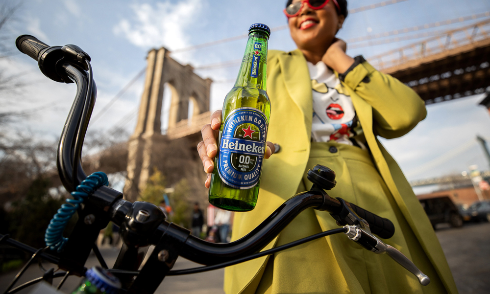 ASOS Citrus Green Suit on a Bicycle at Brooklyn Bridge Park