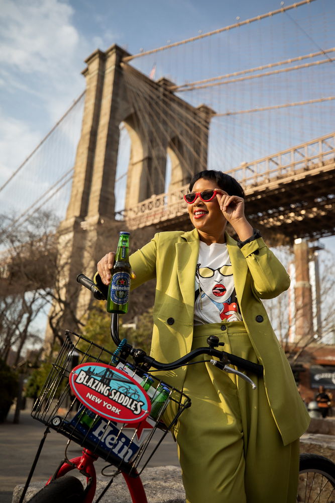 ASOS Citrus Green Suit on a Bicycle at Brooklyn Bridge Park