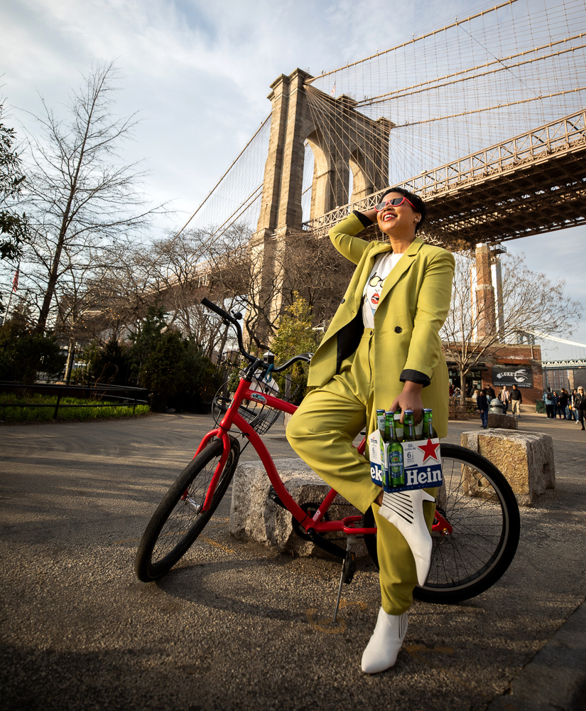 ASOS Citrus Green Suit on a Bicycle at Brooklyn Bridge Park