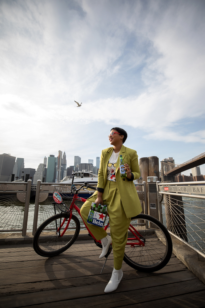 ASOS Citrus Green Suit on a Bicycle at Brooklyn Bridge Park