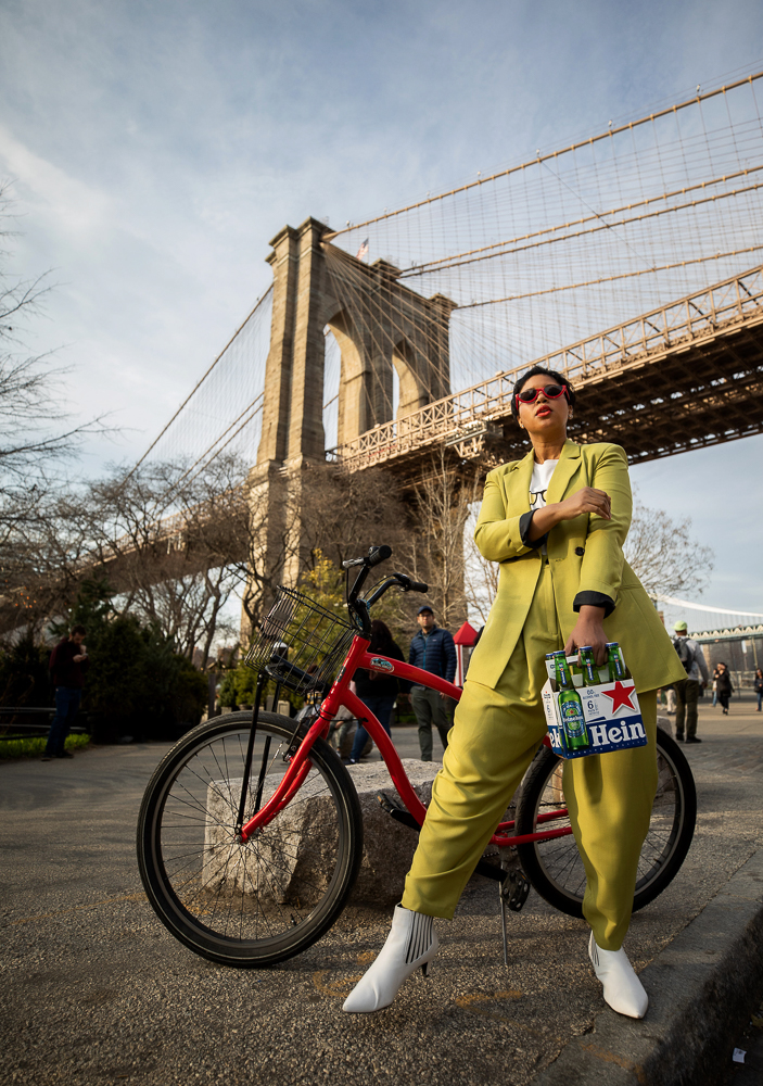 ASOS Citrus Green Suit on a Bicycle at Brooklyn Bridge Park