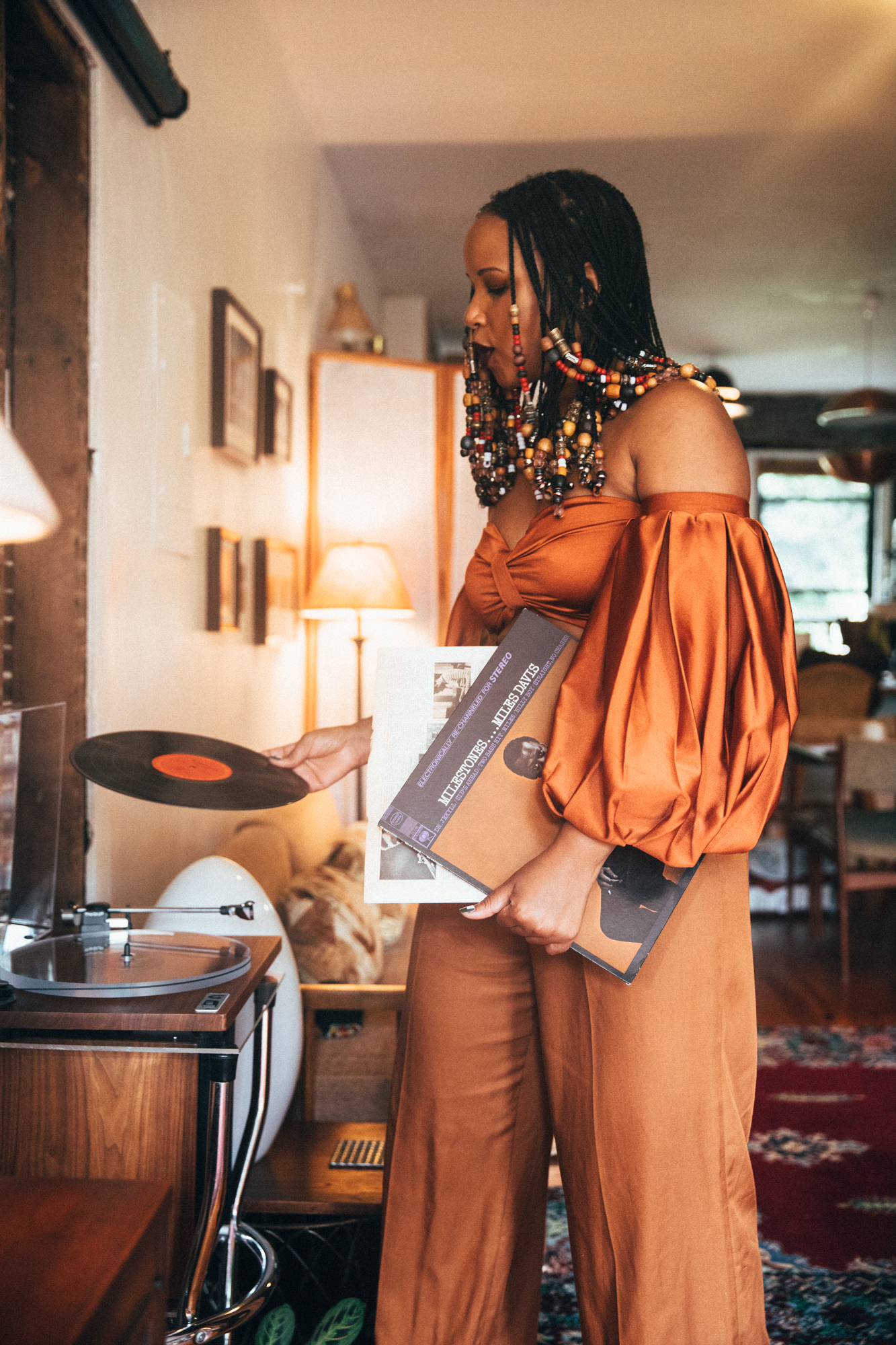 Fe Noel Rust Puff Sleeve Bodysuit and Sezane Rust Wide Leg Trousers 